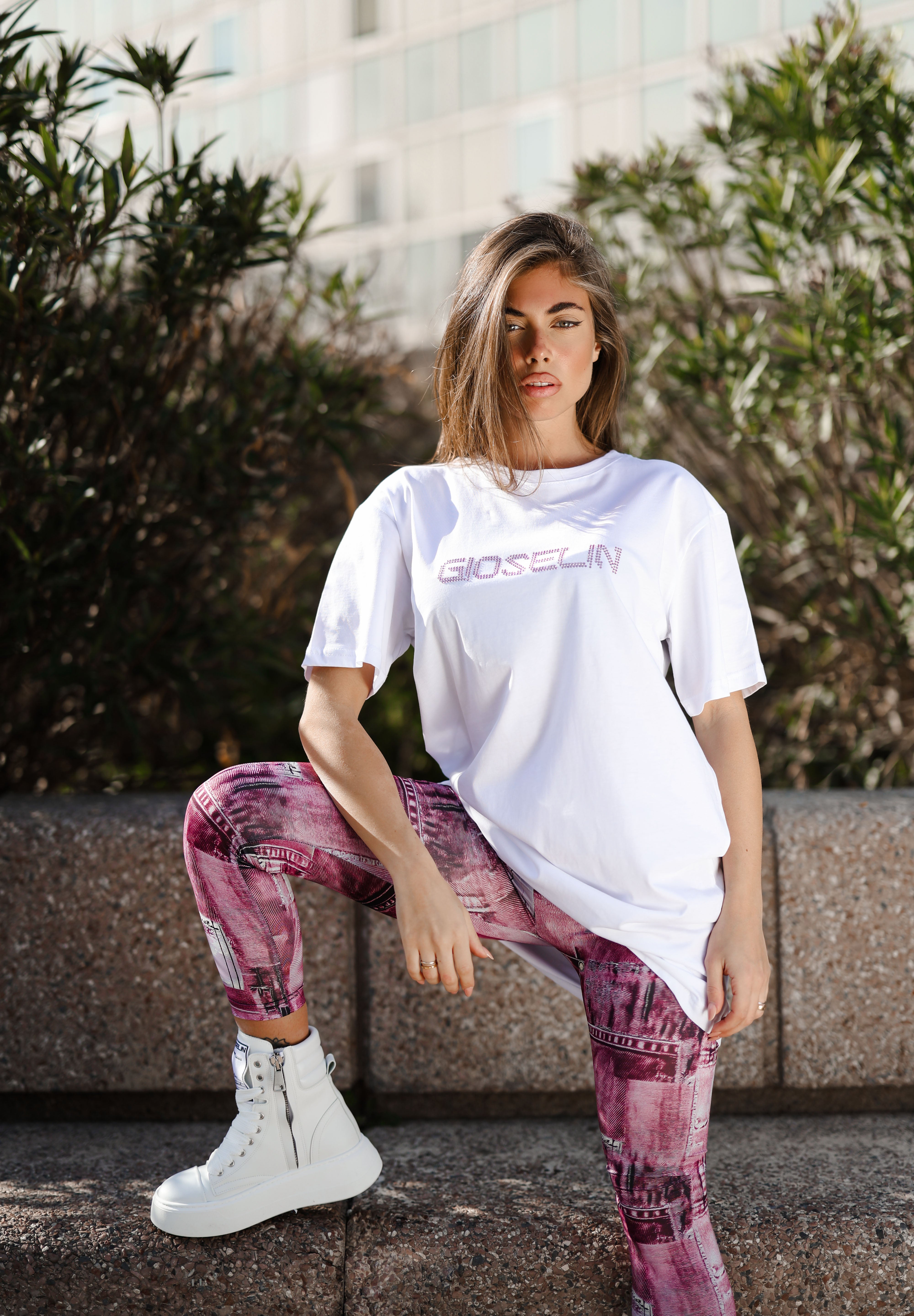 Diamond Shirt and Pink Denim Leggings Set